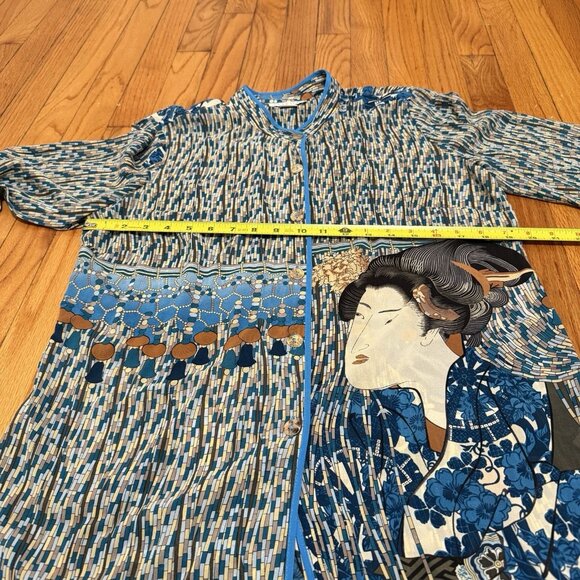 Citron Santa Monica Silk Geisha‎ Print Blue Button Front Blouse Size Medium - Picture 9 of 9